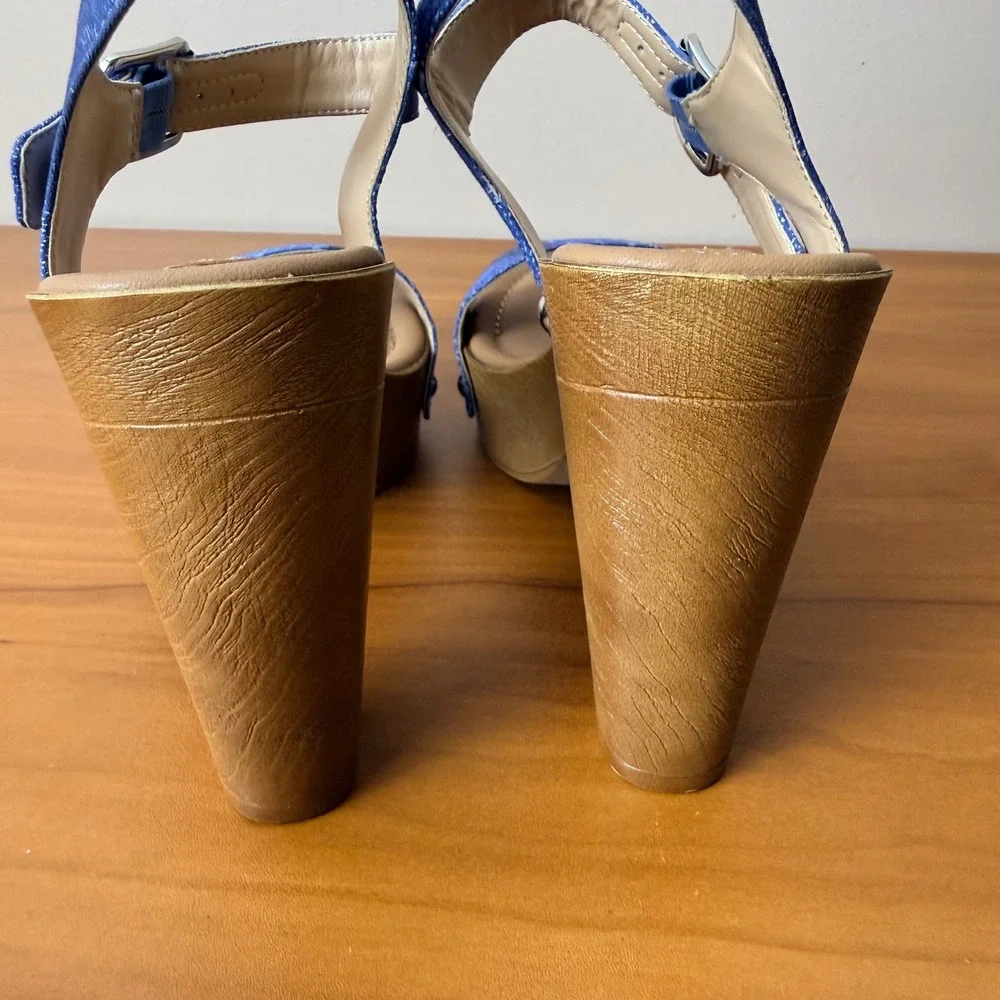 Steve‎ Madden Womens Blue Patchwork Denim Platform Block Heel Sandals Size 6M